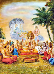 Lord Brahma mit den Halbg&ouml;ttern beten zu Lord Vishnu